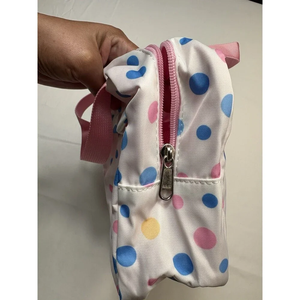 Polka Dot Makeup Bag White Pink Blue Yellow Zipper Handle 10in x 5in
